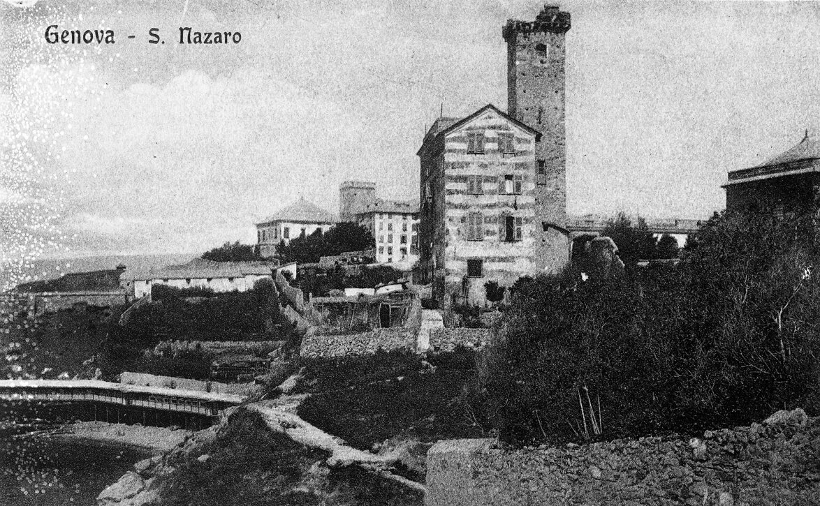 negativo n° 9245 - Genova vecchia. La torre di San Nazaro e Bagni. riprod. da cartolina.jpg